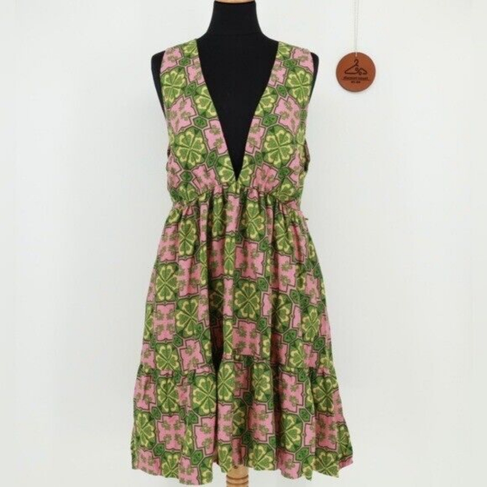 House of Harlow 1960 Pink Green Linen Bow Back Dress size Xs Coquette